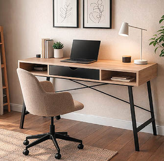 A modern wooden desk with black metal legs holds a laptop, books, a small plant, and a lamp, accompanied by a beige swivel chair on a wooden floor with a rug. Description generated by AI