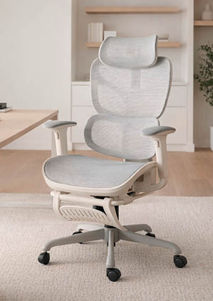 A modern ergonomic office chair with a mesh backrest, headrest, armrests, and a five-wheel base is positioned on a carpeted floor in a minimalist room with wooden shelves and a desk. Description generated by AI