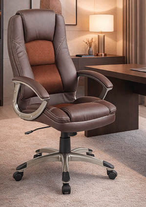 A brown and tan leather office chair with armrests and wheels is positioned on a carpeted floor in front of a dark wooden desk with a lamp and decorative items in the background. Description generated by AI