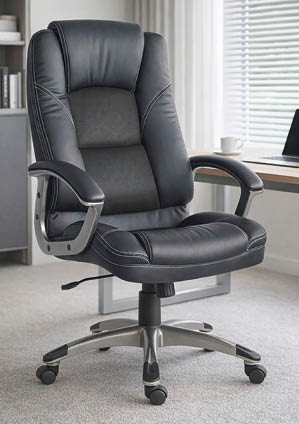 A black leather office chair with padded armrests and a high backrest is positioned on a carpeted floor next to a desk with a laptop and a cup. Description generated by AI