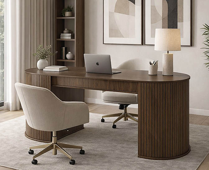 A modern home office features a curved wooden desk with a laptop, lamp, and plant, accompanied by two beige swivel chairs on a light gray rug. Description generated by AI