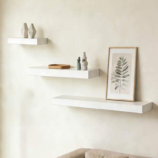 Three white floating shelves mounted on a wall display minimalist decorative items including geometric sculptures, small figurines, a wooden tray, and a framed botanical print. Description generated by AI