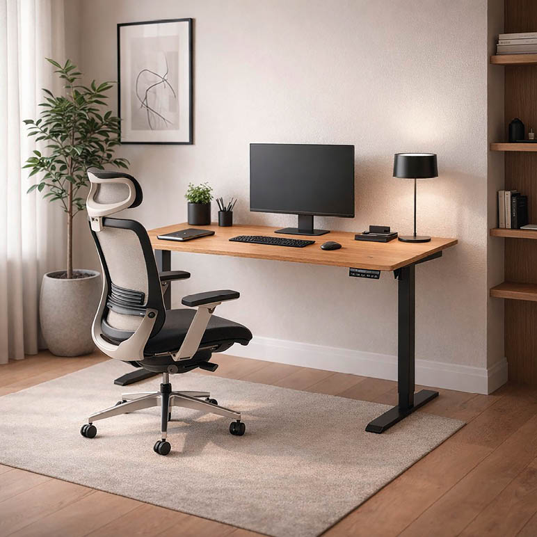 A modern home office setup features a wooden desk with a computer monitor, keyboard, mouse, lamp, and small plants, accompanied by an ergonomic office chair on a rug, with a potted plant and framed abstract art on the wall. Description generated by AI