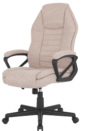 A beige upholstered office chair with padded armrests, a high backrest, and a black five-wheel base. Description generated by AI