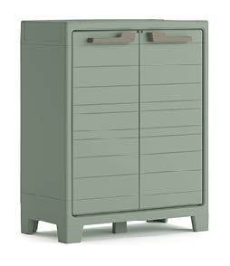 A green cabinet with two drawers and a shelf. AI generated content