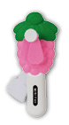 Three plastic toy cacti and a toy apple are displayed on a white background. AI generated content