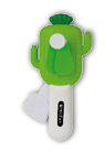 Three plastic toy cacti and a toy apple are displayed on a white background. AI generated content