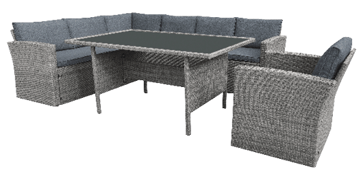 A wicker table with a glass top and four chairs surrounding it. AI generated content