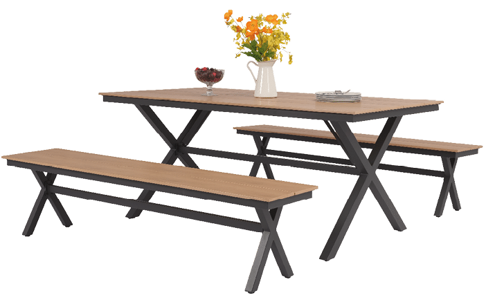 A wooden picnic table with three benches and a vase of flowers on top. AI generated content