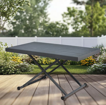 A small table with a black top is placed on a wooden deck. AI generated content