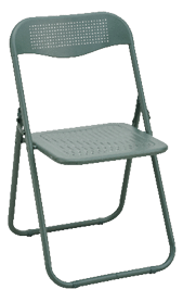 A gray folding chair is open and sitting on a white background. AI generated content