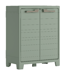 A grey three drawer cabinet with two doors. AI generated content