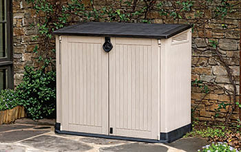 A small shed with a black roof and a white door. AI generated content