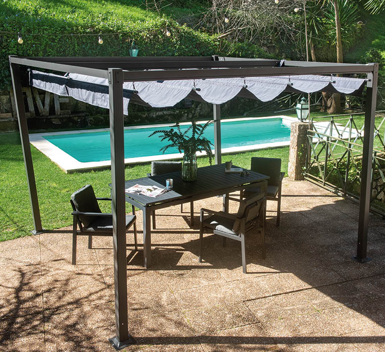 A patio set is under a black canopy, with a table and chairs. A potted plant is on the table. The patio is near a pool. AI generated content