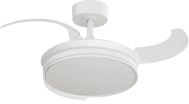 A white remote control is shown next to a white ceiling fan. AI generated content