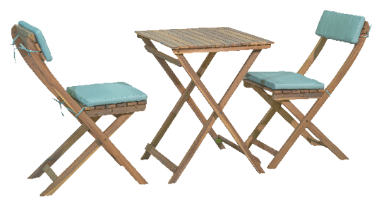 A wooden table with a blue cushion on it. AI generated content