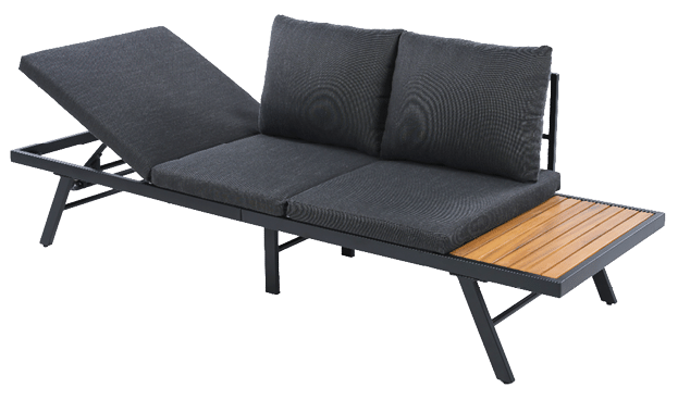 A black couch with a wooden frame and a black pillow on it. AI generated content
