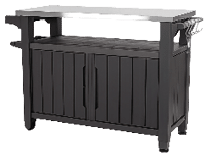 A black kitchen island with a stainless steel countertop. AI generated content