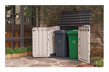 A green and white trash can is sitting next to a brick wall. AI generated content