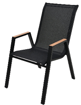 A black chair with wood arms and a black seat. AI generated content