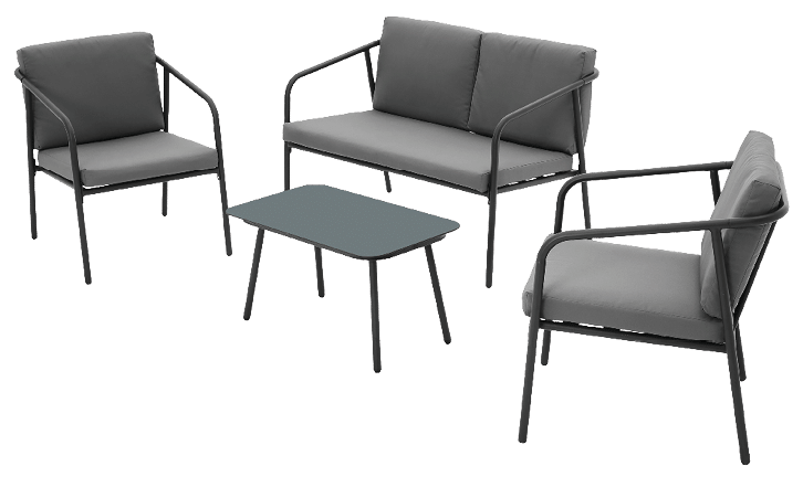 A group of four grey chairs and one couch are arranged in a circle on a white background. AI generated content