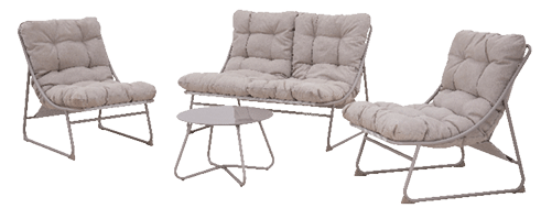 A group of four couches are arranged in a square formation. AI generated content