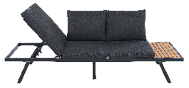A black and grey couch with a wooden arm rest. AI generated content