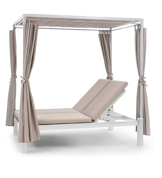 A white canopy bed with a tan cushion and a white bench underneath it. AI generated content