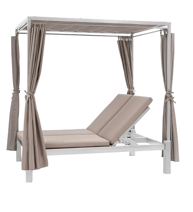A white canopy bed with a gray cushion and a white bench. AI generated content