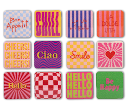 A collection of small, colorful, and patterned coasters with various sayings on them. AI generated content