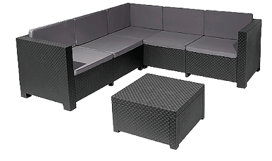 A grey couch and ottoman set is displayed on a white background. AI generated content