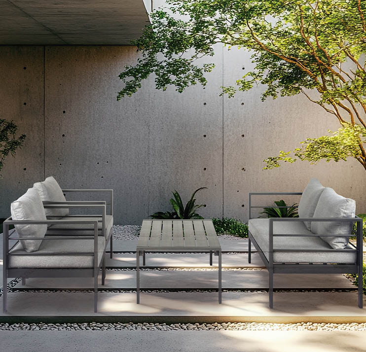 house interior design with zen garden. Luxury house with empty concrete wall with sunlight, green tree and outdoor plants.