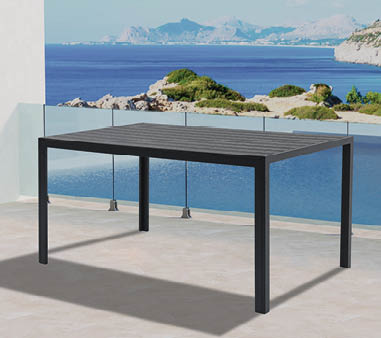 A black table with a glass top is situated on a patio near a body of water. AI generated content