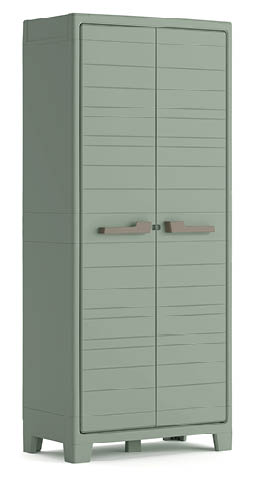 A tall green cabinet with a drawer and a door. AI generated content