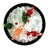 A round tray with a black rim holds a variety of drinks, including beer and soda. AI generated content