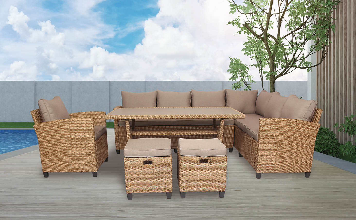 A patio set with a wicker table and chairs, a bench, and a couch. AI generated content