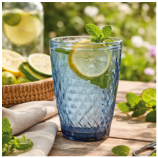 A glass of water with lemon slices and mint leaves is placed on a table. AI generated content