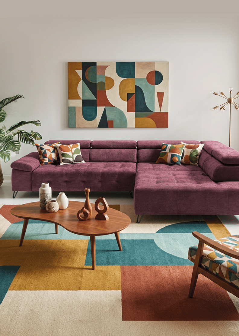 A living room with a couch, chair, and coffee table. A painting is hanging on the wall above the couch. A potted plant is in the corner. AI generated content