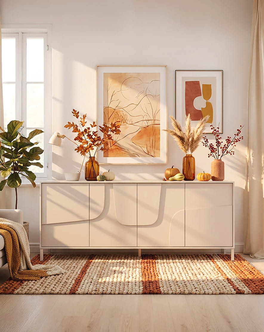A living room with a white couch, a rug, and a table with a vase of flowers on it. AI generated content