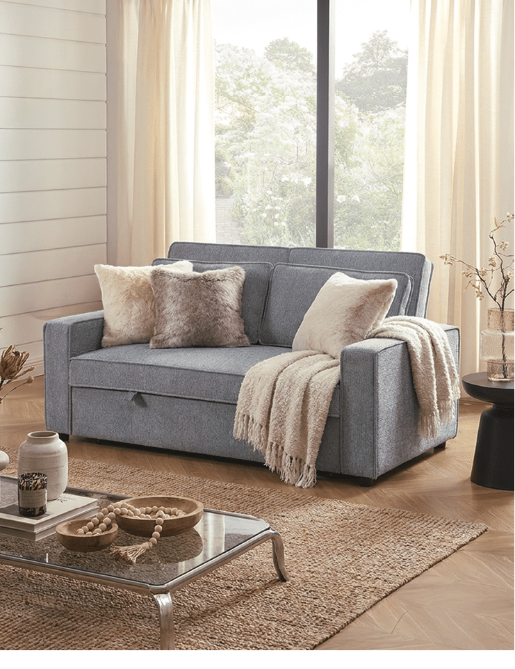 A blue couch with a white throw blanket on it. AI generated content