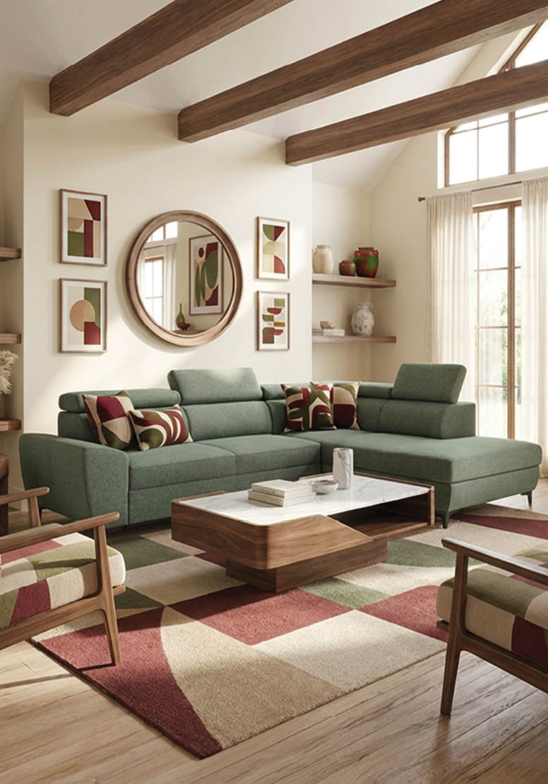 A living room with a blue couch, a fireplace, and a mirror on the wall. AI generated content