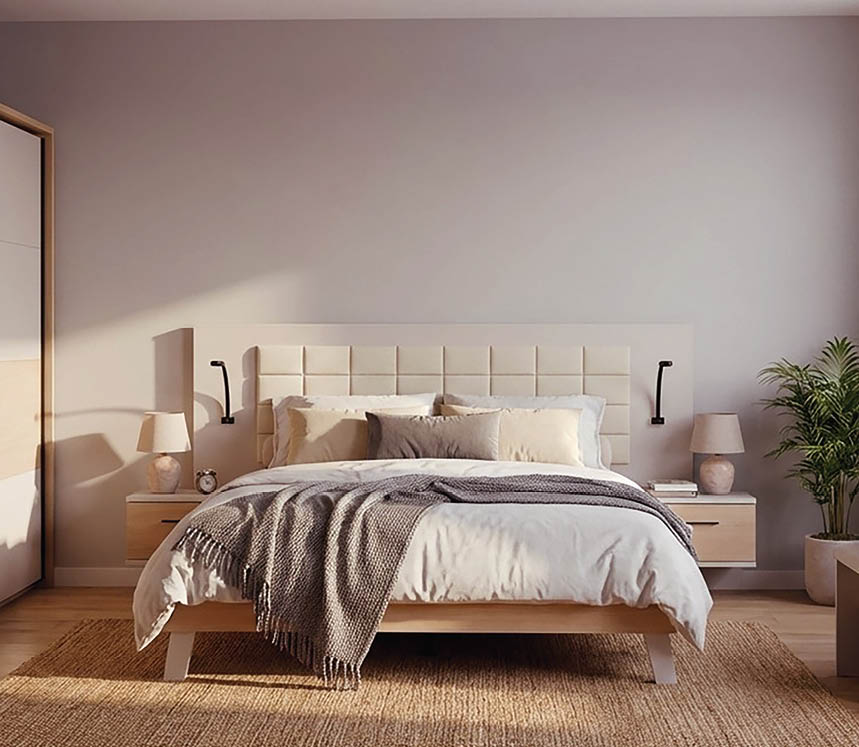 A bedroom with a bed, dresser, and nightstand. The bed is covered with a white comforter and has a pillow on it. A potted plant is placed on the left side of the room. AI generated content