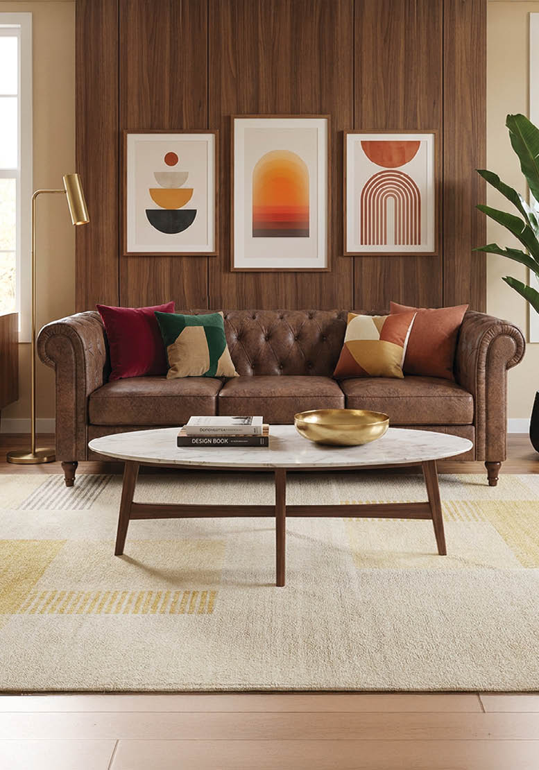 A living room with a couch, coffee table, and two pictures on the wall. AI generated content