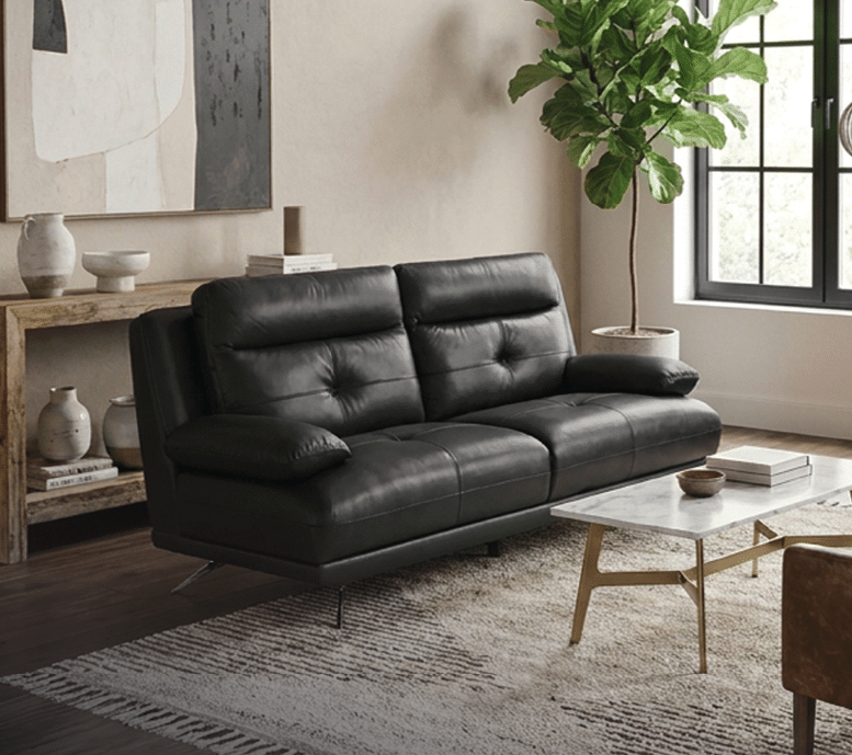 A living room with a black couch, a chair, a coffee table, and a large window. AI generated content