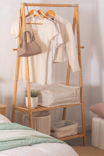 A shelf with a white basket and a plant on it. AI generated content