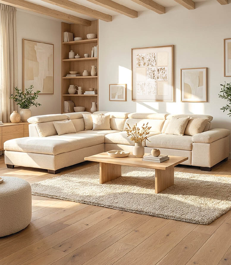 A living room with a couch, coffee table, and a rug. The room is well lit and has a wooden floor. AI generated content