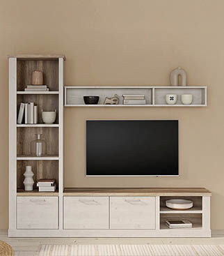 A flat screen TV is mounted on a wall above a wooden entertainment center. The entertainment center has a shelf with a bowl and a vase on it. AI generated content