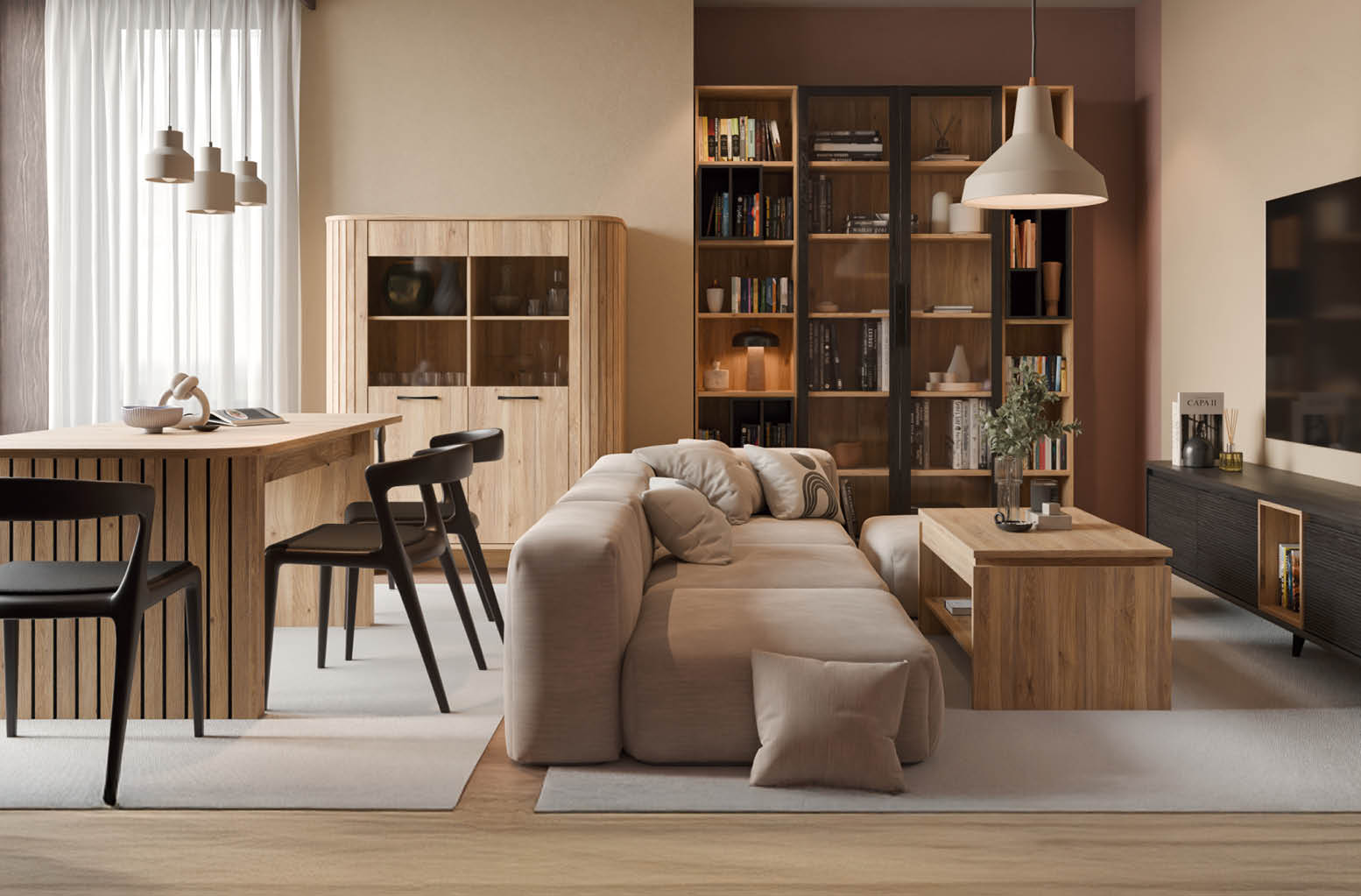 A modern living room with a couch, chair, and dining table. A bookshelf with books and a potted plant. AI generated content