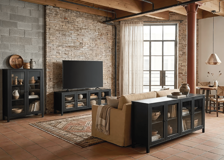 A large black flat screen TV is placed on a stand in a living room. The room is furnished with a couch, a chair, and a dining table. There are also several books scattered throughout the room, and a vase can be seen on a surface. The room has a brick wall and a window, providing natural light. AI generated content