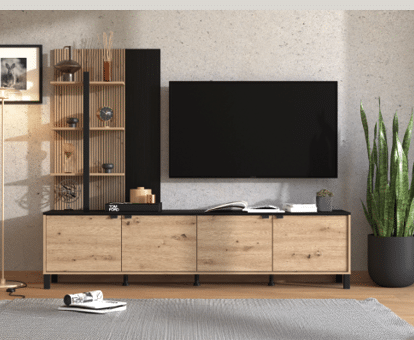 A flat screen TV is mounted on the wall above a wooden entertainment center. The entertainment center has a shelf with various items on it. A potted plant is located in the corner of the room. AI generated content